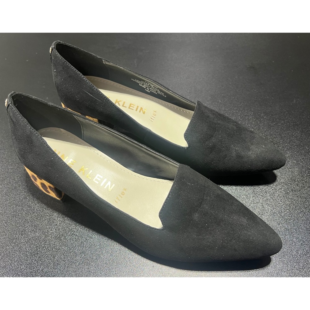Anne Klein Akkalonie Black Suede Leopard Print Block Heel Pumps Womens 8.5M